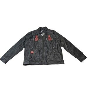 NWT CEZER Denim Jacket Men’s Black Embroidered Patches 100% Cotton Size 2X